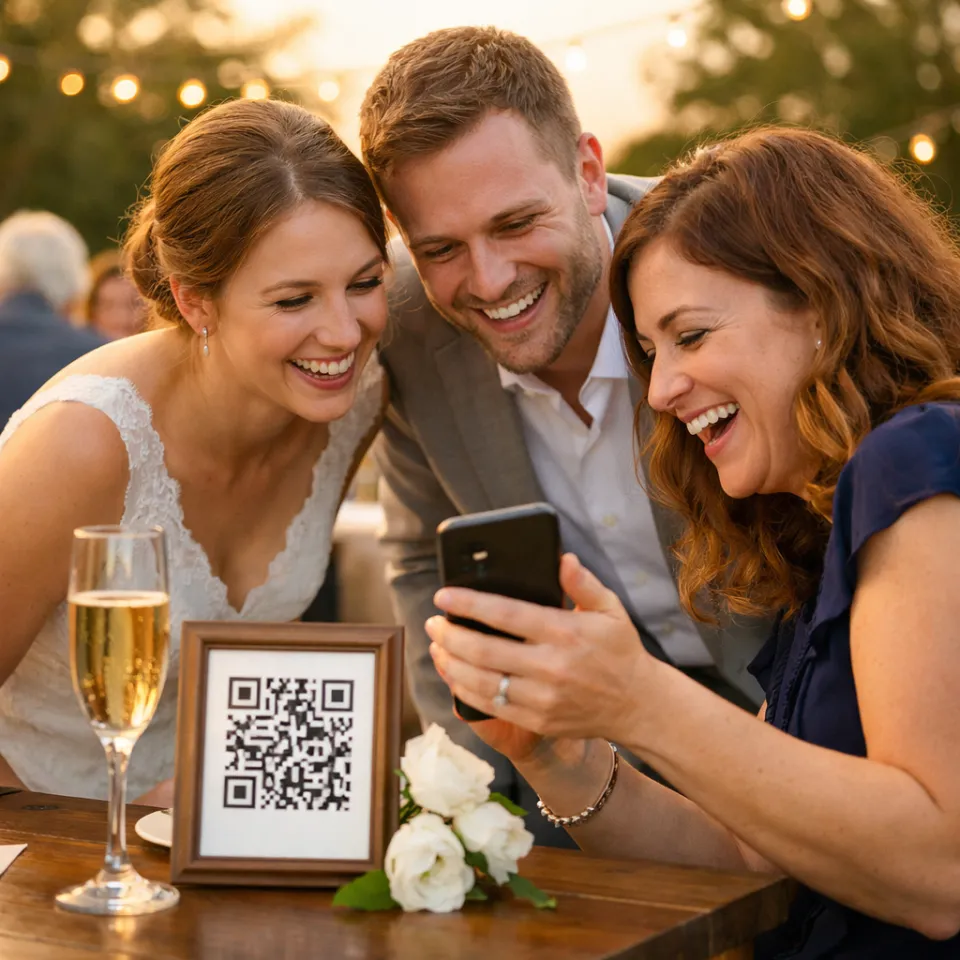 At the reception, a guest shows the bride and groom a photo she shared through the QR card on the table