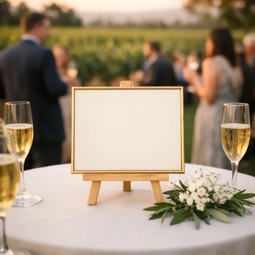 A sign on a cocktail table at a vineyard that asks guests to tag their photos with #HappilyEverHarris