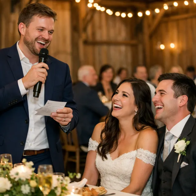 A best man gives his speech with a microphone and notes while the couple laughs