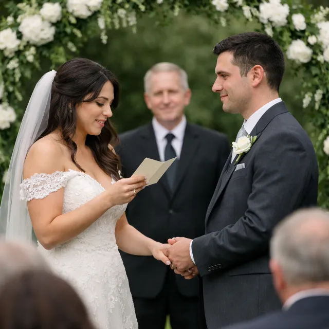 At the altar, a bride reads her vows from a card to the groom