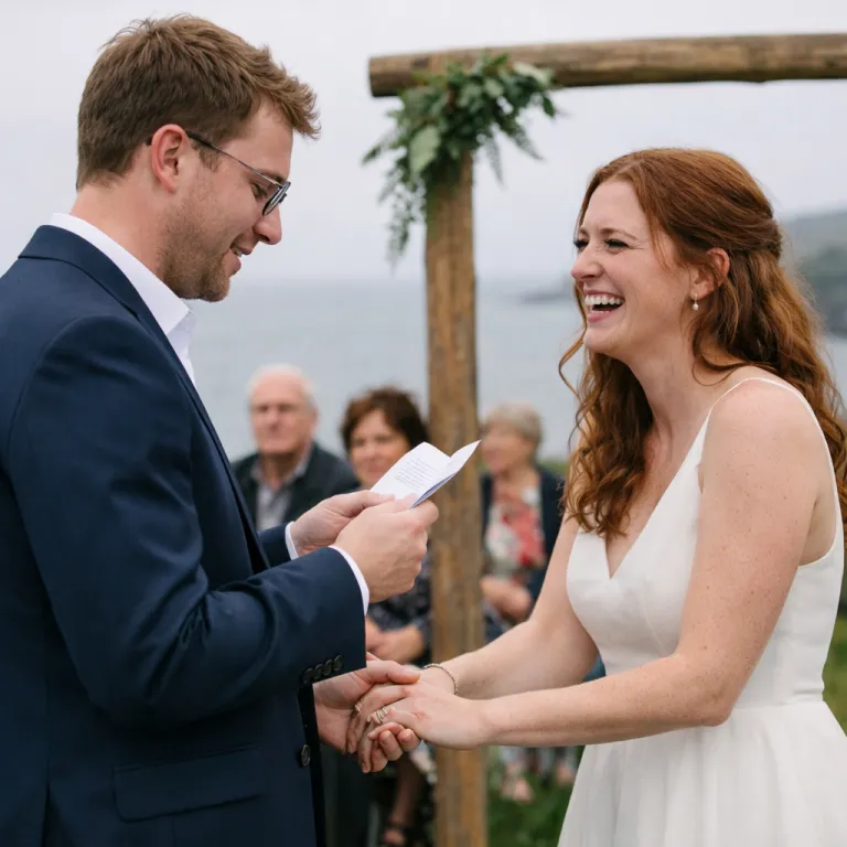 On a cliff by the sea, a groom reads his vows from a card while the bride laughs